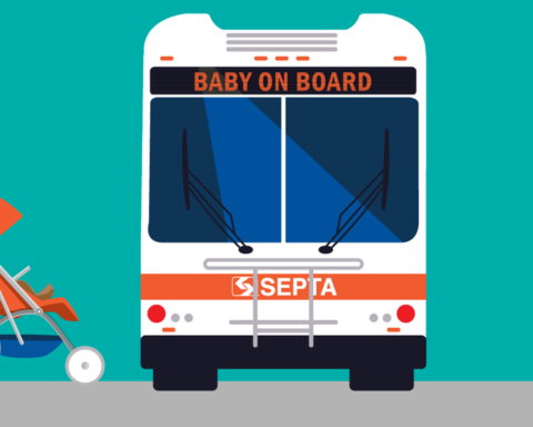 A front view of a SEPTA bus with the words "BABY ON BOARD" displayed on its destination sign. Photo Source -SEPTA