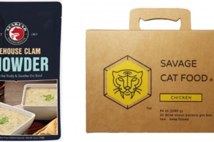 on the left packet of "Alehouse Clam Chowder". Photo Source - Seabear. On the right packet of "Savage Cat Food". Photo Source - Savage Cat Food.