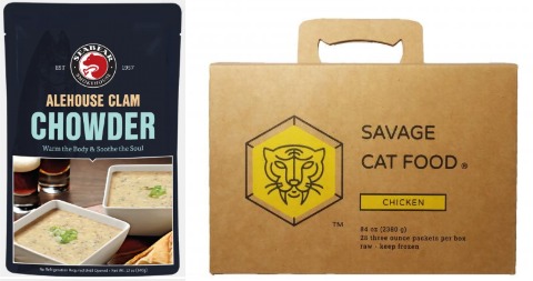 The left side has a pouch of Alehouse Clam Chowder by SeaBear. Photo Source - Seabear. The right side has a box of Savage Cat Food in chicken flavor. Photo Source - Savage Cat Food.