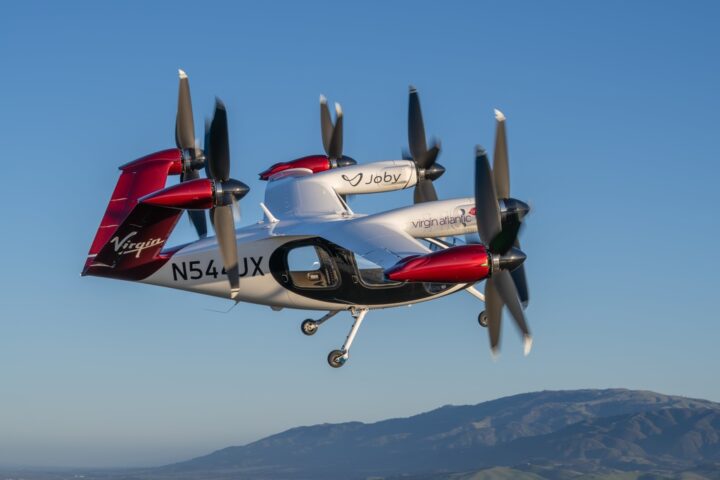 Joby’s all-electric air taxi in flight above the company’s flight test facility in Marina, California.