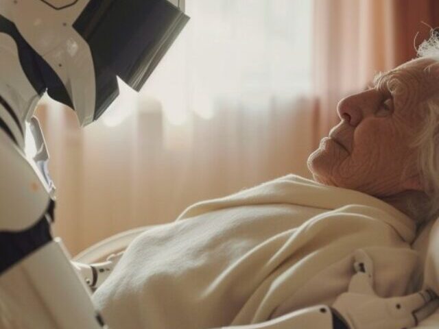 Representative Image: a humanoid robot leaning over an elderly woman who is lying in bed. The scene conveys a futuristic or sci-fi concept, possibly illustrating AI or robotics in elderly care, human-robot interaction, or ethical dilemmas in healthcare automation. Photo Source: CC Null (CC BY-2.0 DE)