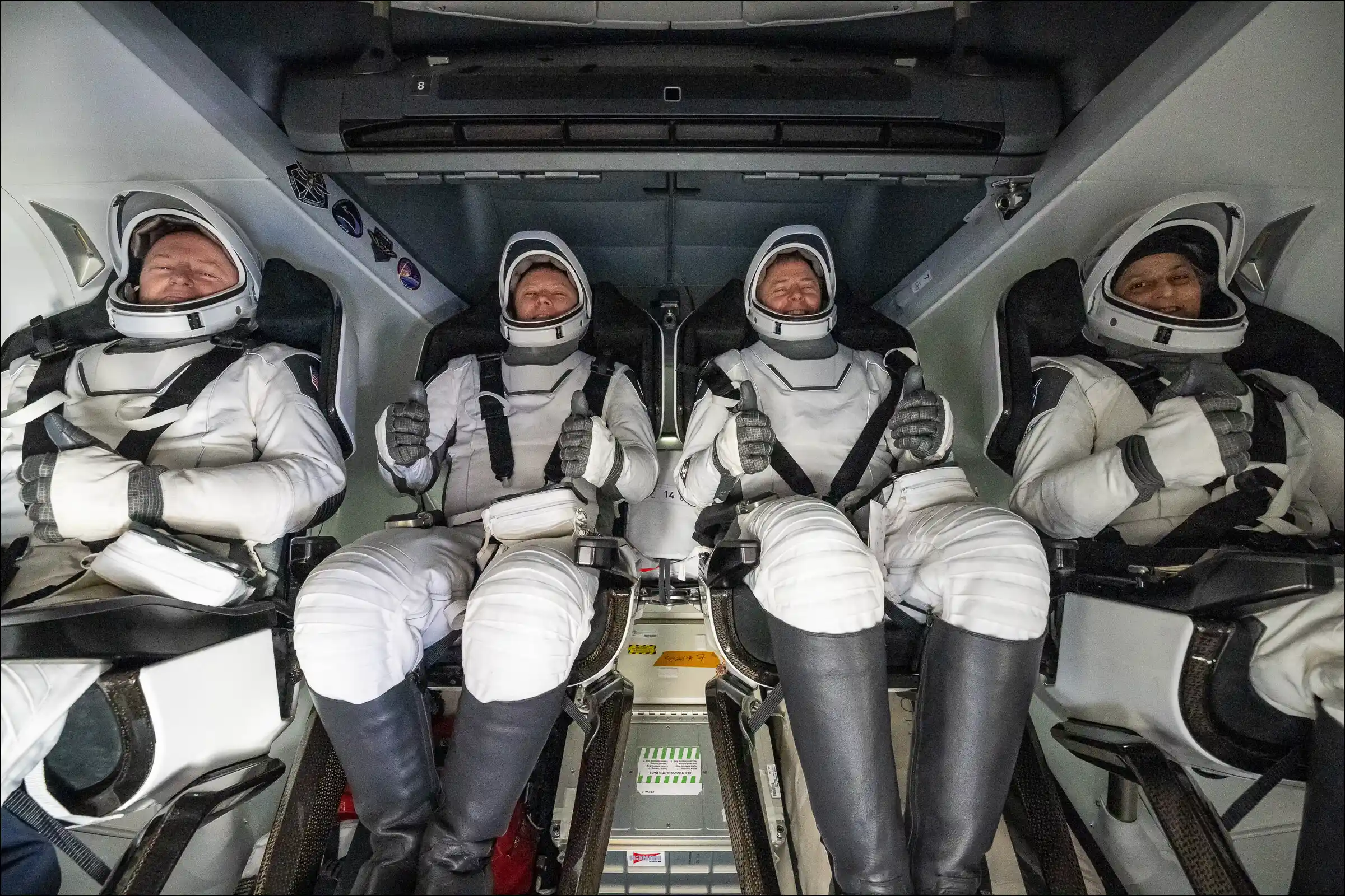 Crew9 NASA Astronauts Nick Hague, Suni Williams, Butch Wilmore, and Roscosmos cosmonaut Aleksandr Gorbunov are seen inside their @SpaceX Dragon spacecraft after splashing down off the coast of Tallahassee, Florida